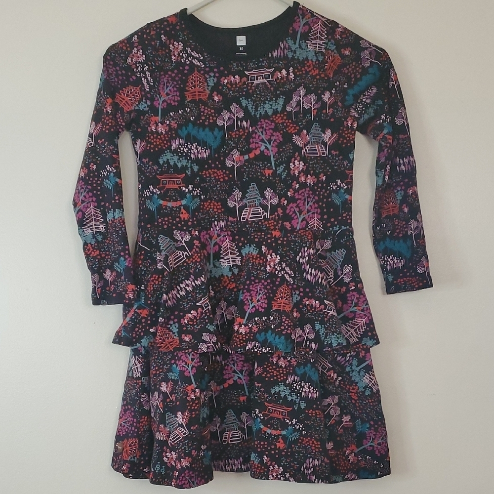 Tea Collection Majestic Pagodas Peplum Dress Size 10 Black Multi-Color Girls